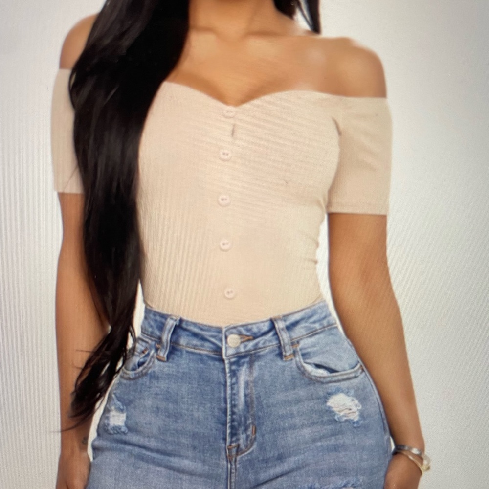 Fashion Nova Taupe off the shoulder bodysuit, size small.